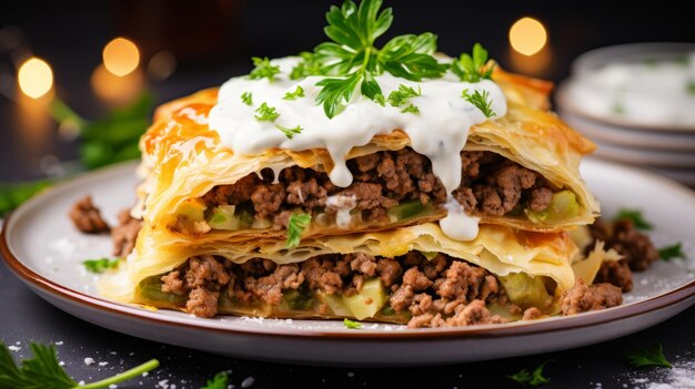 Foto tourtiere fresco pastel de carne canadiense francés tradicional en el fondo borroso de la cocina