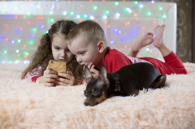 Toy Dog Terrier ist gelangweilt, Kinder telefonieren im neuen Jahr