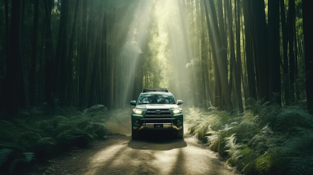 Un toyota hilux está conduciendo a través de un bosque.