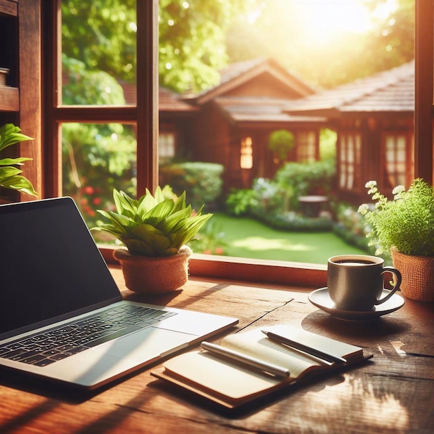 Foto trabaja en casa con una taza de café en la ventana