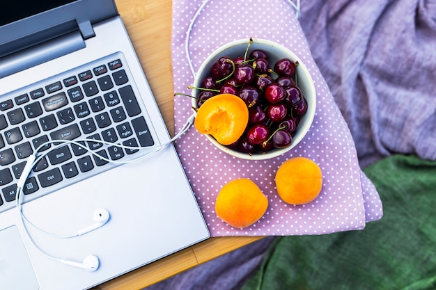 Trabaja en una computadora portátil en un picnic en la naturaleza, junto a un tazón de cerezas y albaricoques