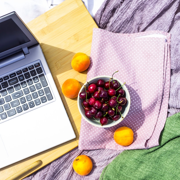 Trabaja en una computadora portátil en un picnic en la naturaleza, junto a un tazón de cerezas y albaricoques