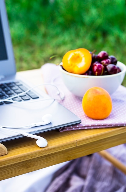 Trabaja en una computadora portátil en un picnic en la naturaleza, junto a un tazón de cerezas y albaricoques