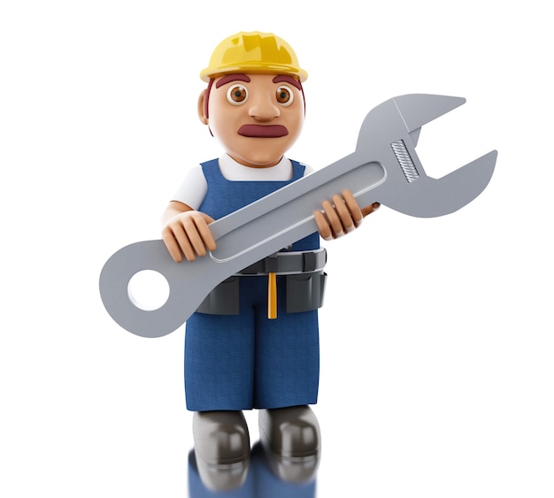 Trabajador 3d con helemt y enorme llave