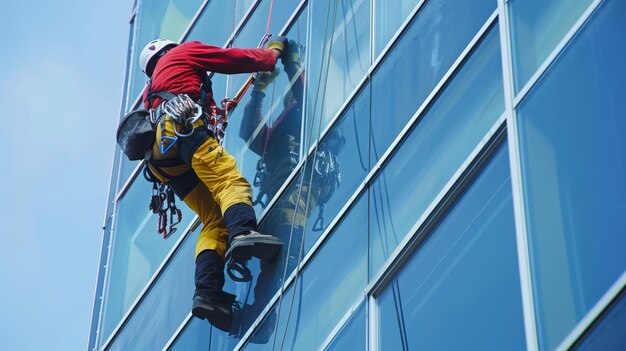 Foto trabajador de acceso por cuerda que instala vidrio de ventanas de un edificio