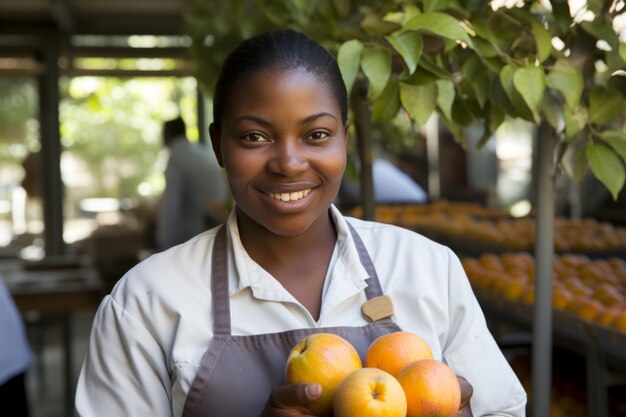 Un trabajador africano sonriente en un bullicioso supermercado listo para ayudar a los clientes con productos frescos