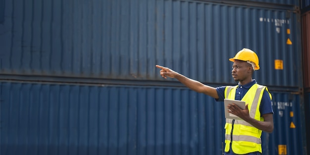 Trabajador africano sosteniendo una tableta, caminando y marcando la caja de contenedores del buque de carga para exportación e importación