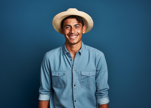 Trabajador agrícola aislado en fondo azul