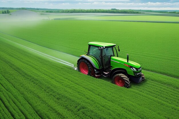 Trabajador agrícola conduciendo un tractor rociando un prado verde generado por la IA