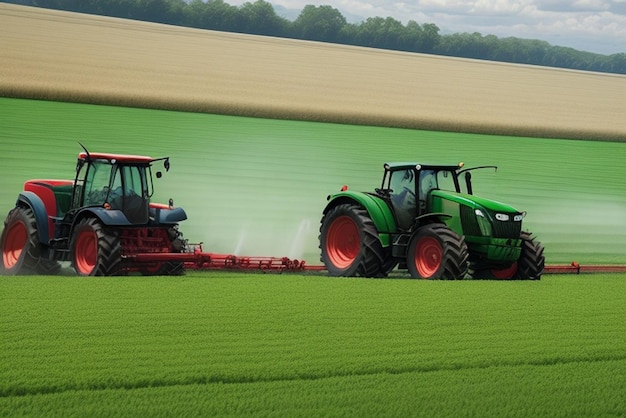 Trabajador agrícola conduciendo un tractor rociando un prado verde generado por la IA