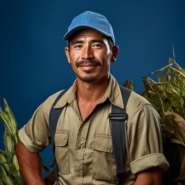 Trabajador agrícola diligente sobre un fondo azul sólido