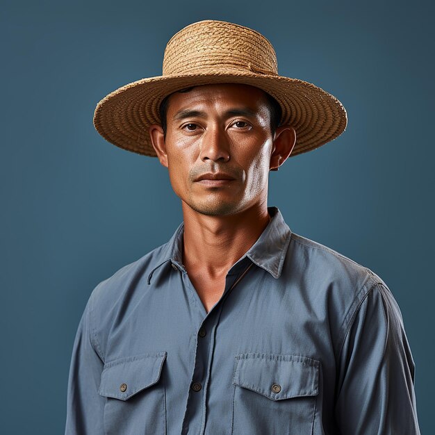 Trabajador agrícola diligente sobre un fondo azul sólido