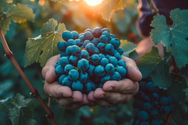 Un trabajador agrícola en el viñedo al atardecer con mucha atención a las manos tocando un racimo de uvas azules oscuras rodeadas de hojas verdes