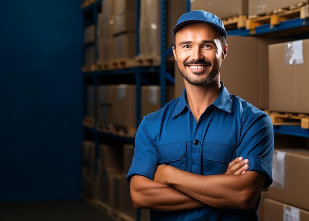 Trabajador aislado de un almacén en una ilustración de fondo azul
