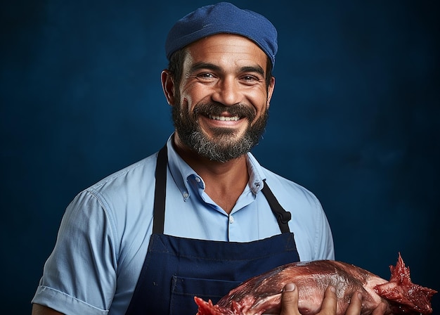 Foto trabajador aislado del matadero en fondo azul