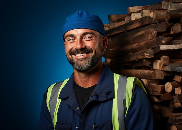 Trabajador aislado del muelle de Stevedore en fondo azul