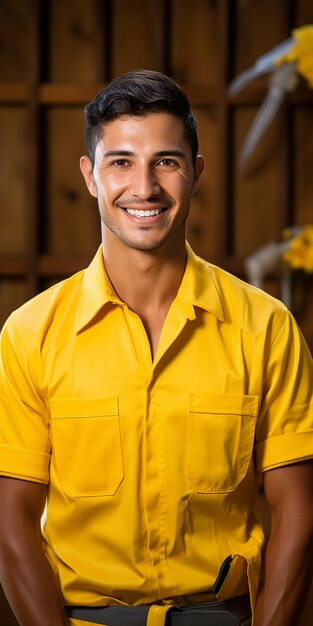 Foto trabajador aislado del servicio de limpieza en fondo amarillo