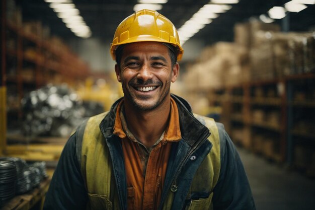 Un trabajador alegre en un almacén rodeado por el ruido de las máquinas y el olor de la industria
