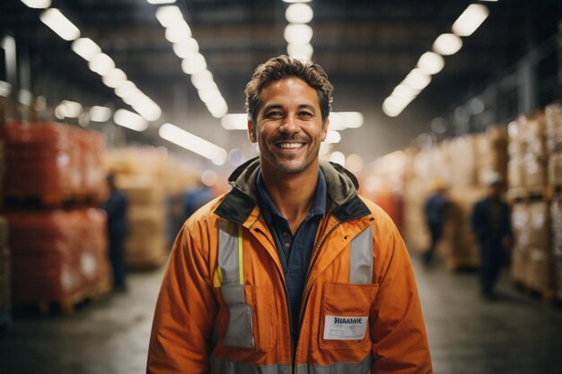 Foto un trabajador alegre en un almacén rodeado por el ruido de las máquinas y el olor de la industria