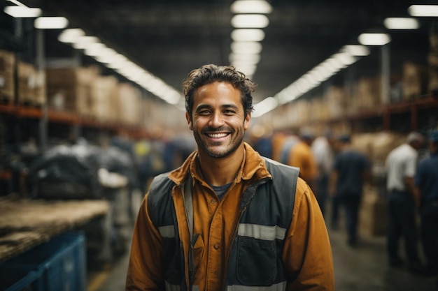 Un trabajador alegre en un almacén rodeado por el ruido de las máquinas y el olor de la industria