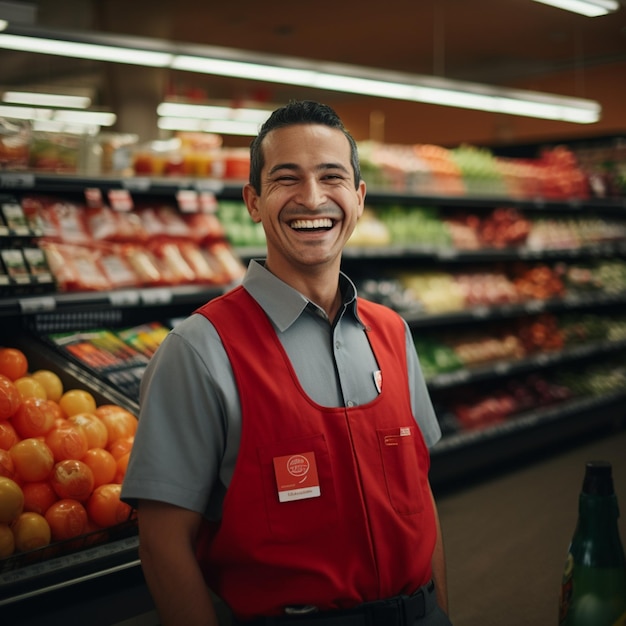 un trabajador alegre del supermercado sonriendo con confianza mostrando orgullo y satisfacción en su trabajo IA generativa