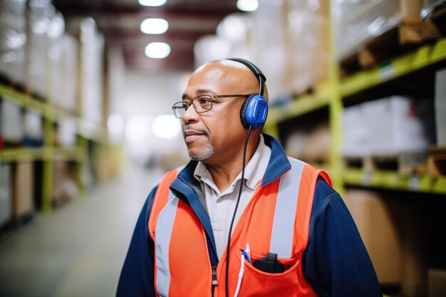 Trabajador de almacén con auriculares que coordina las tareas de inventario