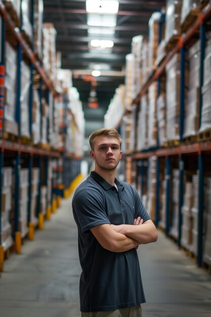 Trabajador de almacén en un centro de distribución brillante con abundante luz natural