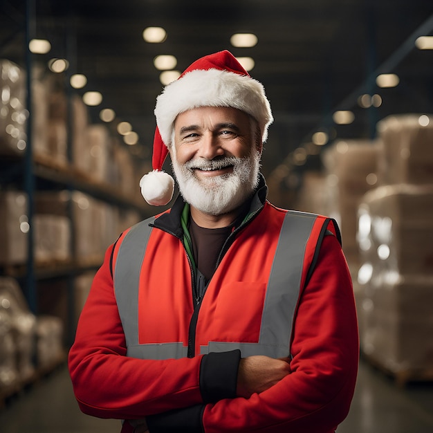 Foto trabajador de almacén concepto de sistema de transporte de paquetes de navidad de santa preparación de almacén de trabajo