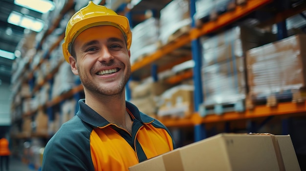 Foto un trabajador de almacén feliz con un casco duro llevando un paquete sonriendo