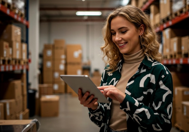 Trabajador de almacén que usa una tableta para administrar el inventario