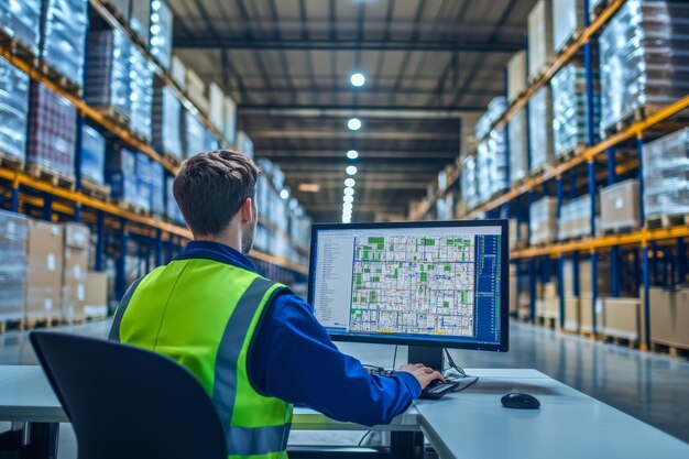 Trabajador en un almacén que utiliza una computadora para la logística y la gestión del inventario