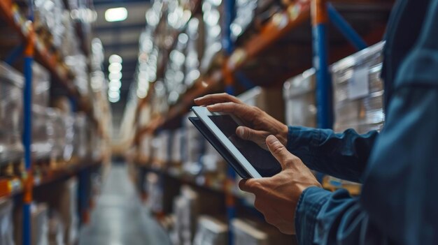 Foto trabajador de almacén que utiliza una tableta para la gestión de inventario ia generativa