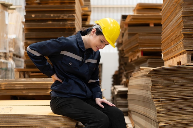 Foto trabajador de almacén sentado en el suelo frente a una pila de cajas de cartón con dolor en la espalda.