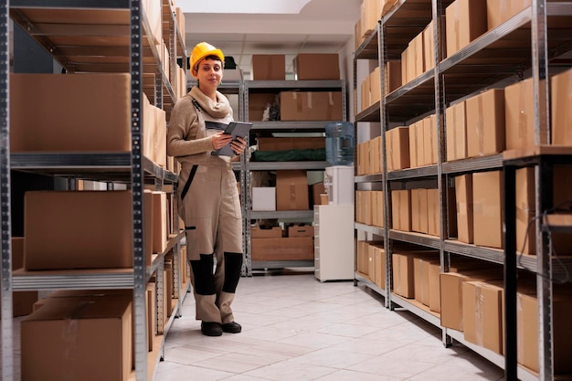 Trabajador del almacén del servicio de entrega revisando cajas de cartón en el estante y mirando la cámara. Mujer sonriente en operaciones de control de uniformes de protección de almacenamiento logístico en tableta digital