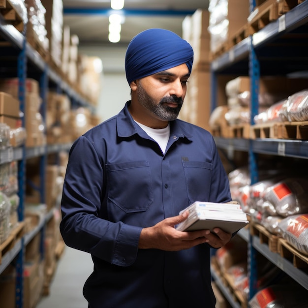 Un trabajador de un almacén sikh con un turbante azul está comprobando el inventario