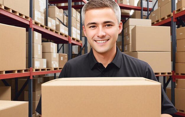 Un trabajador en un almacén sostiene una caja de cartón un hombre guapo trabajando en la industria logística el cargador trabajando IA generativa