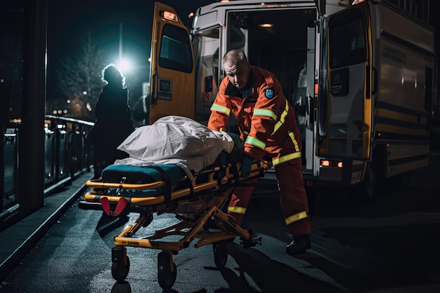 Foto un trabajador de ambulancia empujando la camilla fuera de la ambulancia por la noche