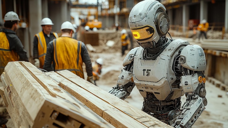 Foto trabajador android levantando tablas de madera en el sitio de construcción con trabajadores humanos