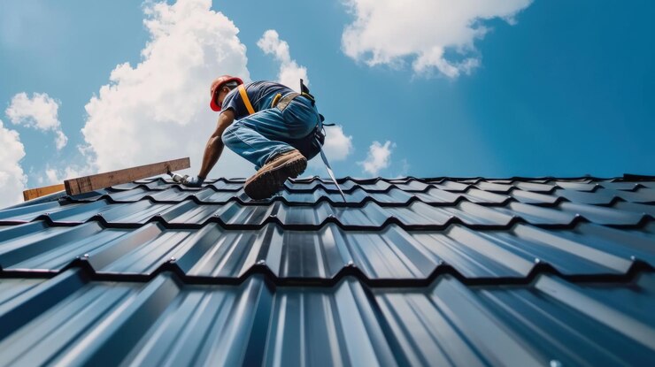Trabajador aplicando material de techo metálico en el techo de una casa
