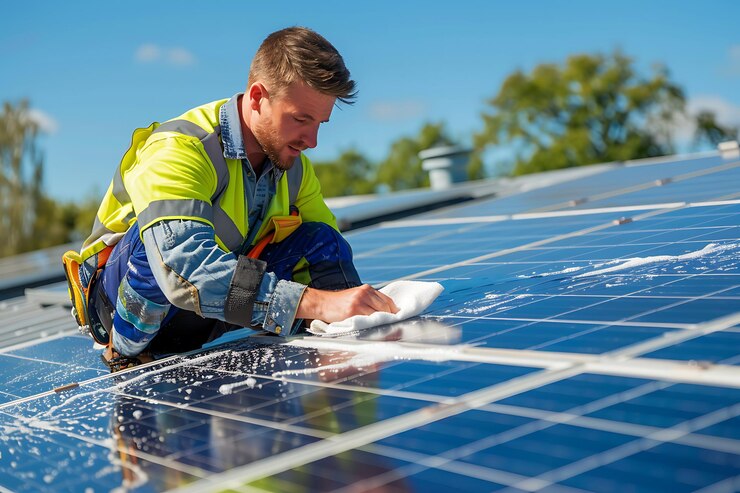 trabajador arafed limpiando paneles solares en un techo con una esponja