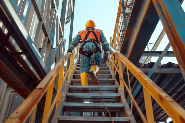 Trabajador con arnés de seguridad subiendo una escalera de metal en una instalación industrial