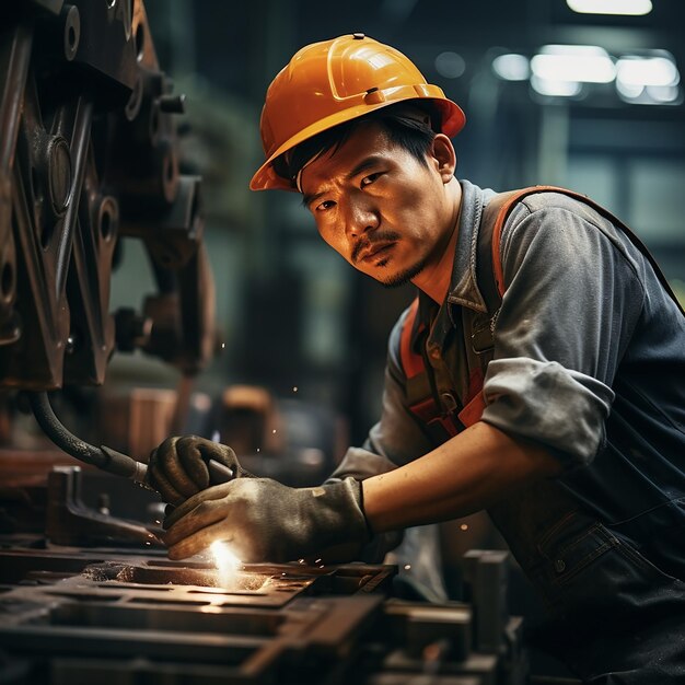 Trabajador asiático en una fábrica de talleres metálicos