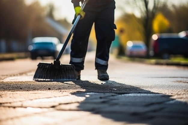 Foto trabajador barriendo la carretera durante el mantenimiento el concepto es la reparación de carreteras urbanas