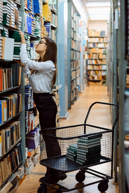 Foto trabajador de la biblioteca poniendo libros en orden