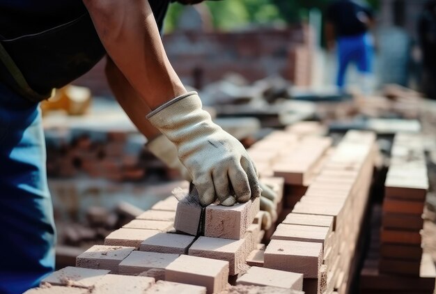 Trabajador calificado seleccionando ladrillos para un proyecto de construcción