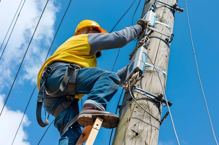 Trabajador calificado trepando por un poste de servicios públicos para el mantenimiento eléctrico