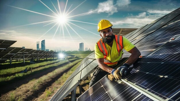 Trabajador en el campo junto a los paneles solares