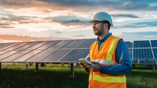 Trabajador en el campo junto a los paneles solares