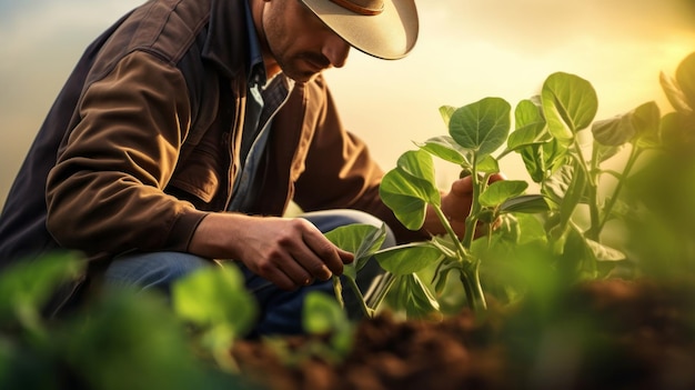 Trabajador de campo o agricultor que controla la salud de las plantas y el suelo en el campo. El agricultor comprueba los brotes.
