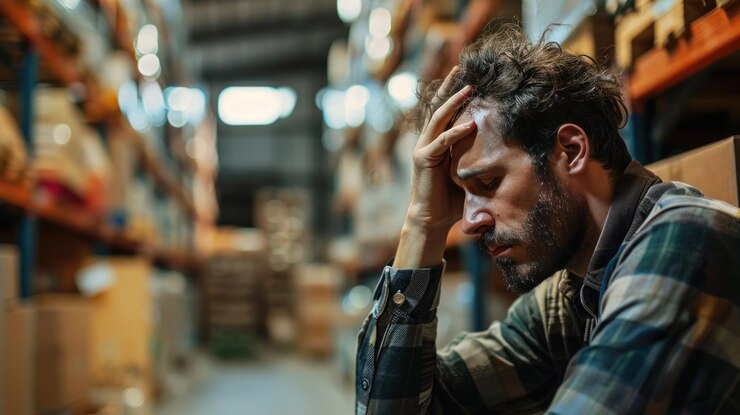 Trabajador cansado sosteniendo la cabeza con dolor mientras trabaja en un almacén de distribución